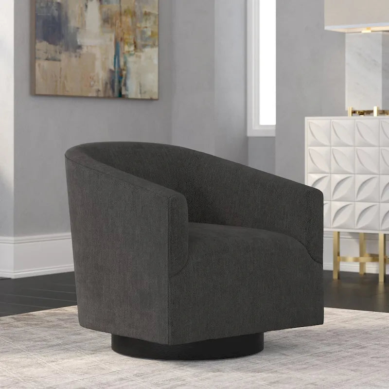 Fauteuil d'appoint pivotant à dossier rond en tissu polyester noir avec piètement rond en bois