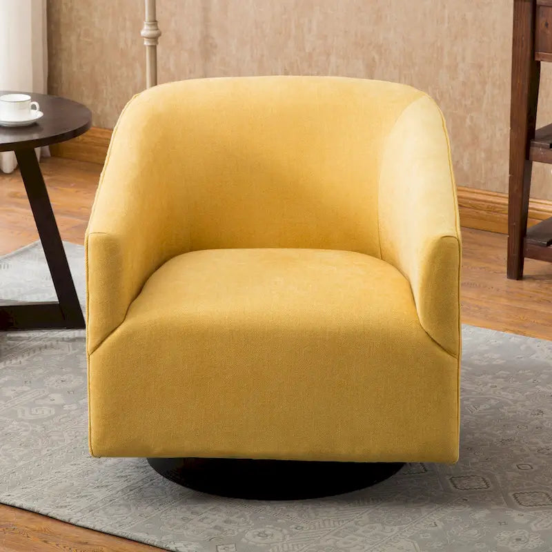 Fauteuil d'appoint pivotant à dossier rond en tissu polyester noir avec piètement rond en bois