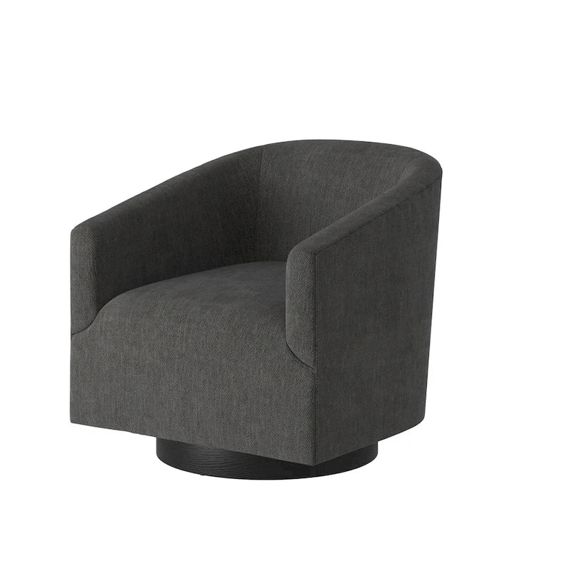 Fauteuil d'appoint pivotant à dossier rond en tissu polyester noir avec piètement rond en bois