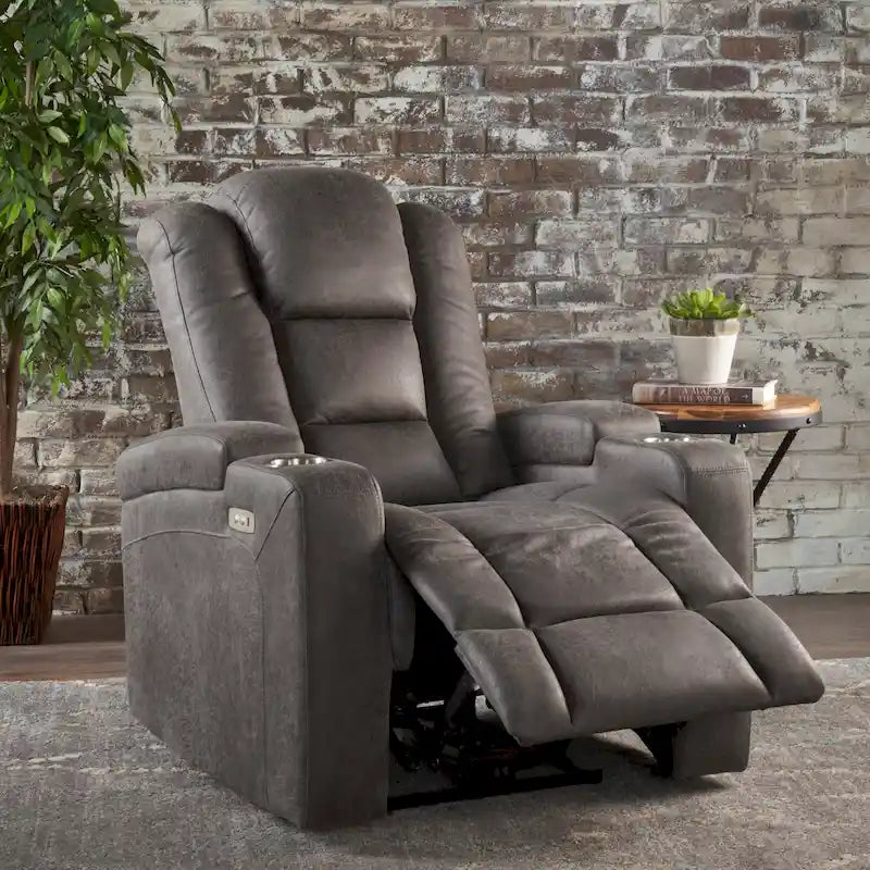 Fauteuil inclinable électrique en microfibre avec port USB, porte-gobelets et rangement dans les accoudoirs