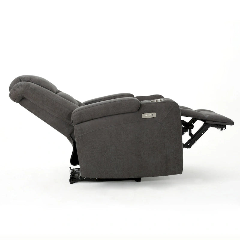 Fauteuil inclinable électrique en microfibre avec port USB, porte-gobelets et rangement dans les accoudoirs