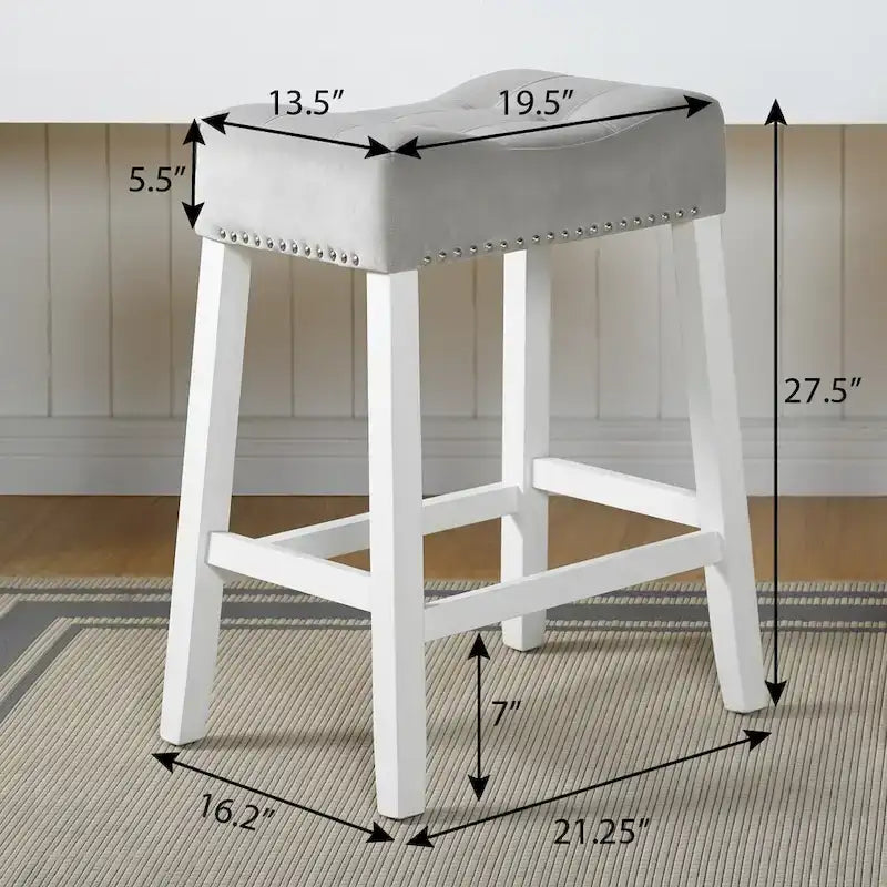 Tabouret de comptoir sans dossier en velours capitonné avec garniture cloutée et pieds blanchis