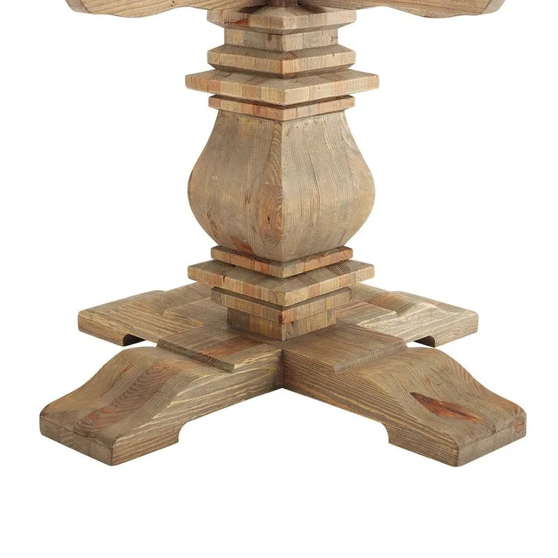 Table de salle à manger ronde en pin, piètement piédestal sculpté, 150 cm, marron