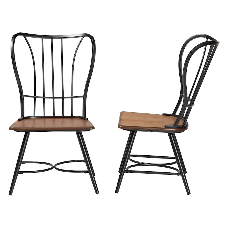 Chaise de salle à manger industrielle vintage en métal Windsor, assise en bois noyer foncé, noir