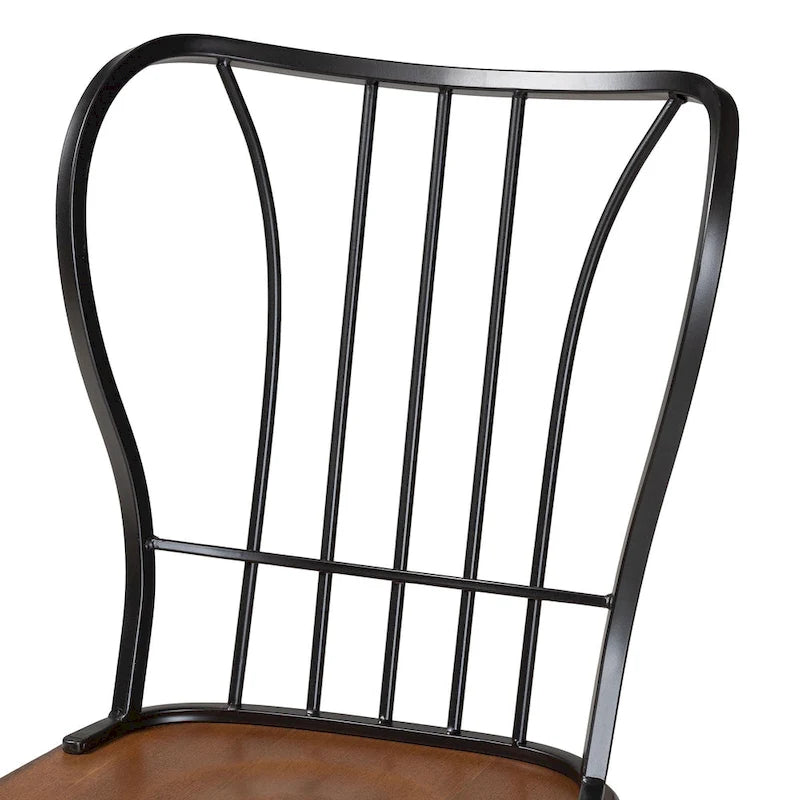 Chaise de salle à manger industrielle vintage en métal Windsor, assise en bois noyer foncé, noir