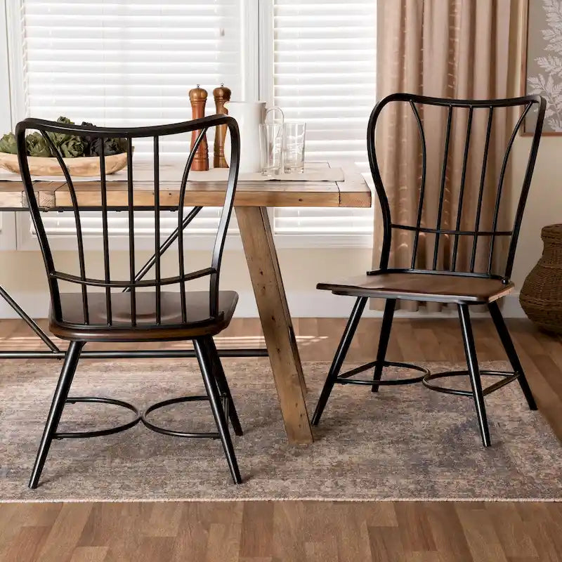 Chaise de salle à manger industrielle vintage en métal Windsor, assise en bois noyer foncé, noir
