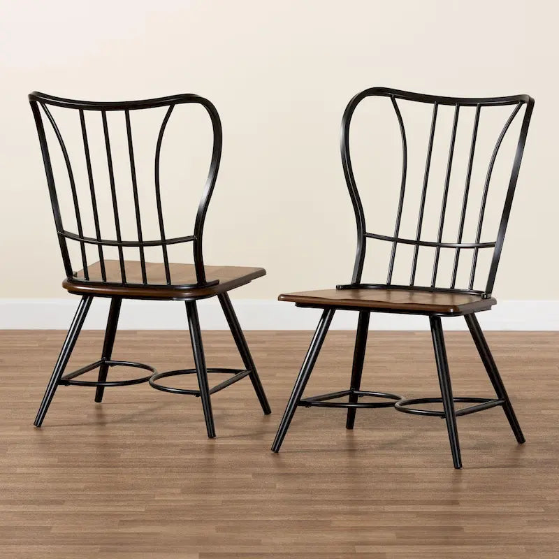 Chaise de salle à manger industrielle vintage en métal Windsor, assise en bois noyer foncé, noir