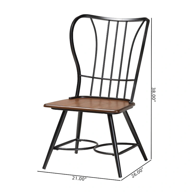 Chaise de salle à manger industrielle vintage en métal Windsor, assise en bois noyer foncé, noir