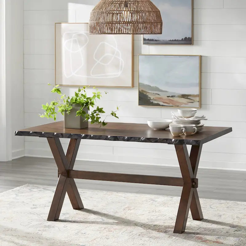 Table de salle à manger rustique en bois d'hévéa massif, finition noyer bord vif, pieds en X