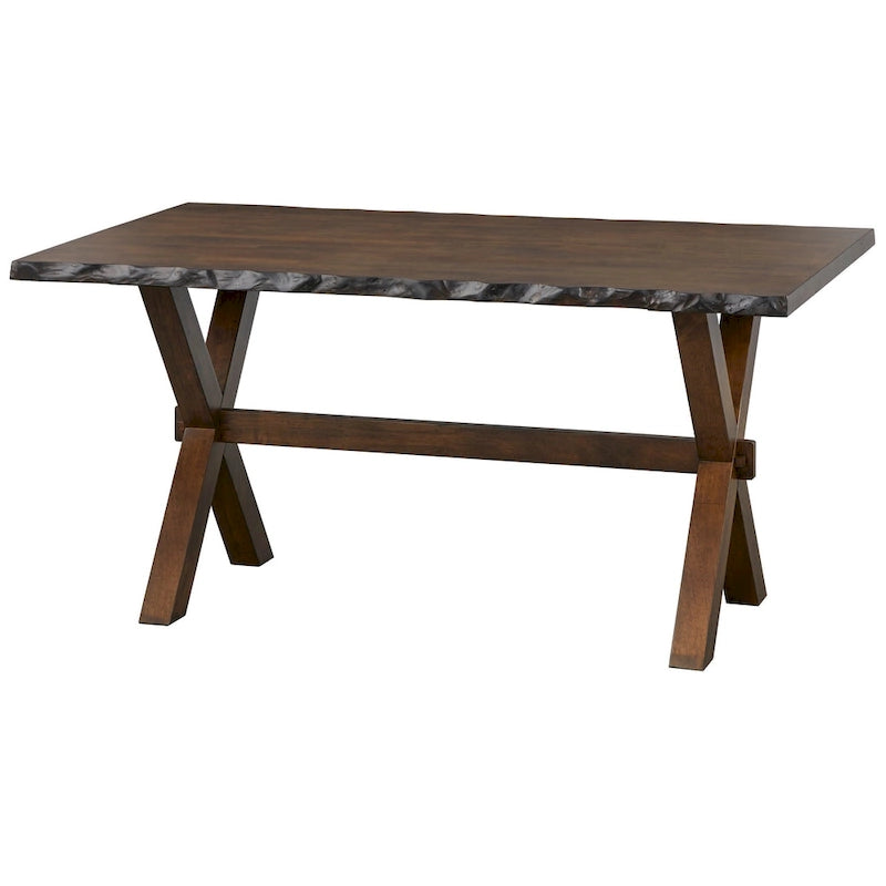 Table de salle à manger rustique en bois d'hévéa massif, finition noyer bord vif, pieds en X