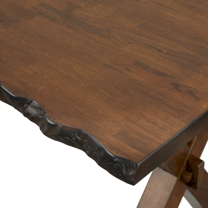 Table de salle à manger rustique en bois d'hévéa massif, finition noyer bord vif, pieds en X