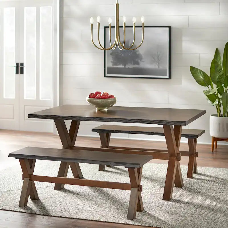 Table de salle à manger rustique en bois d'hévéa massif, finition noyer bord vif, pieds en X