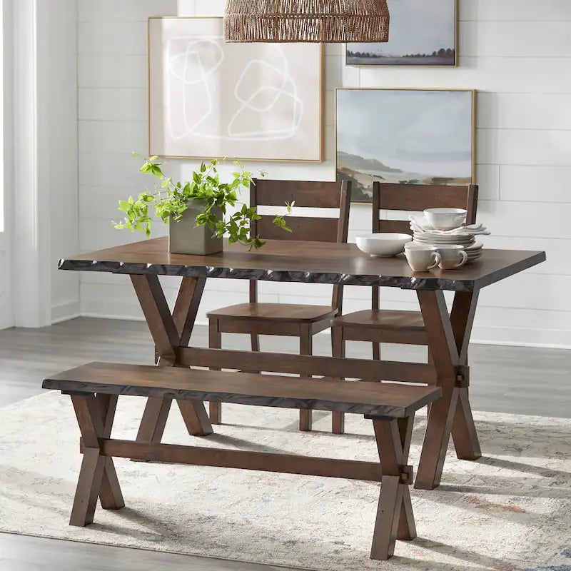 Table de salle à manger rustique en bois d'hévéa massif, finition noyer bord vif, pieds en X