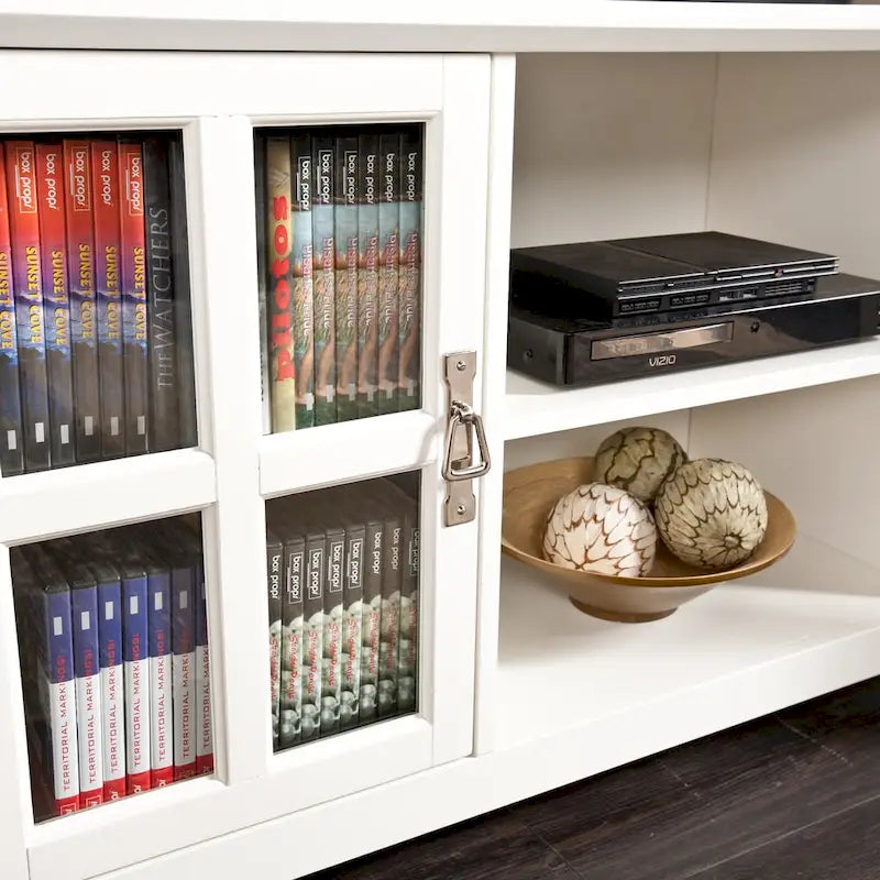 Meuble TV avec portes vitrées et étagères réglables - Fenêtre carrée blanche