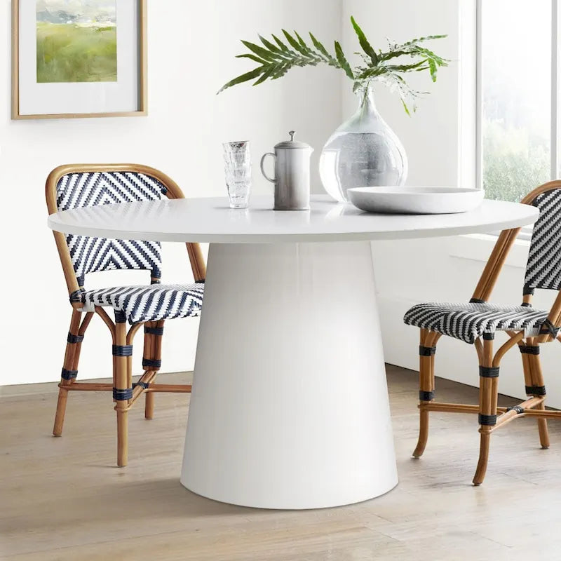 Table à manger ronde sur pied, base conique, laque PU brillante blanche, 117 cm