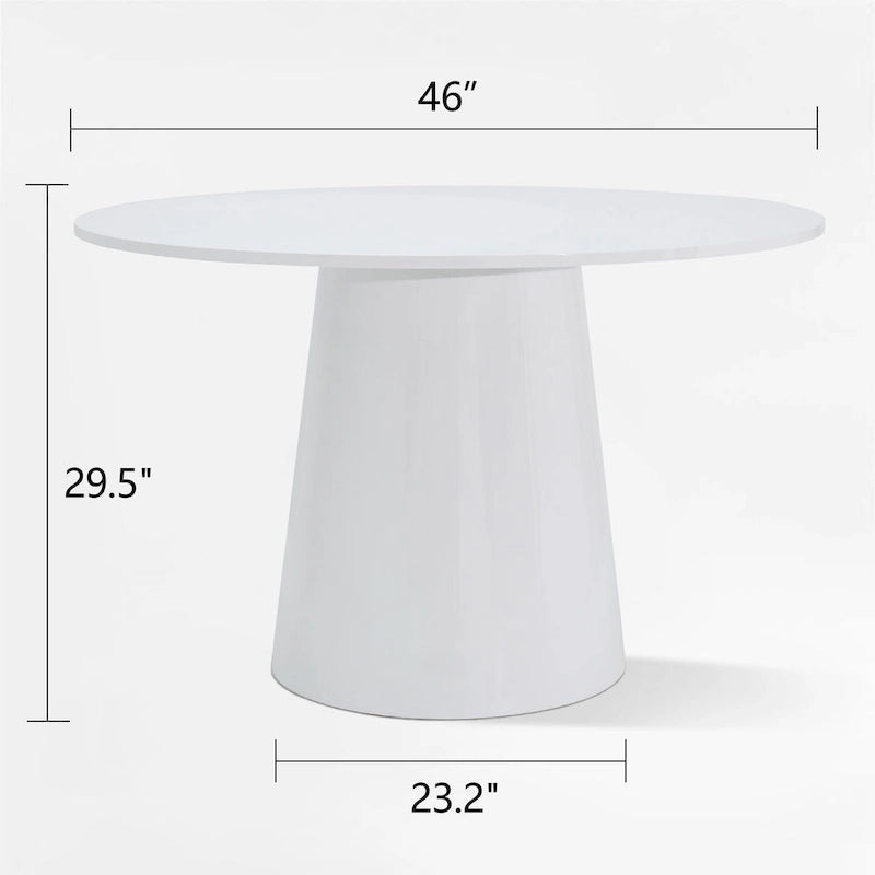 Table à manger ronde sur pied, base conique, laque PU brillante blanche, 117 cm