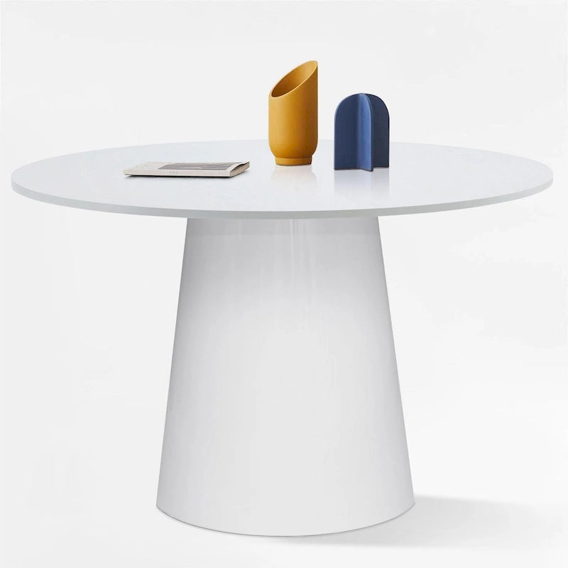 Table à manger ronde sur pied, base conique, laque PU brillante blanche, 117 cm