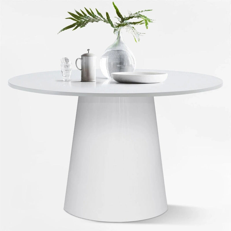 Table à manger ronde sur pied, base conique, laque PU brillante blanche, 117 cm