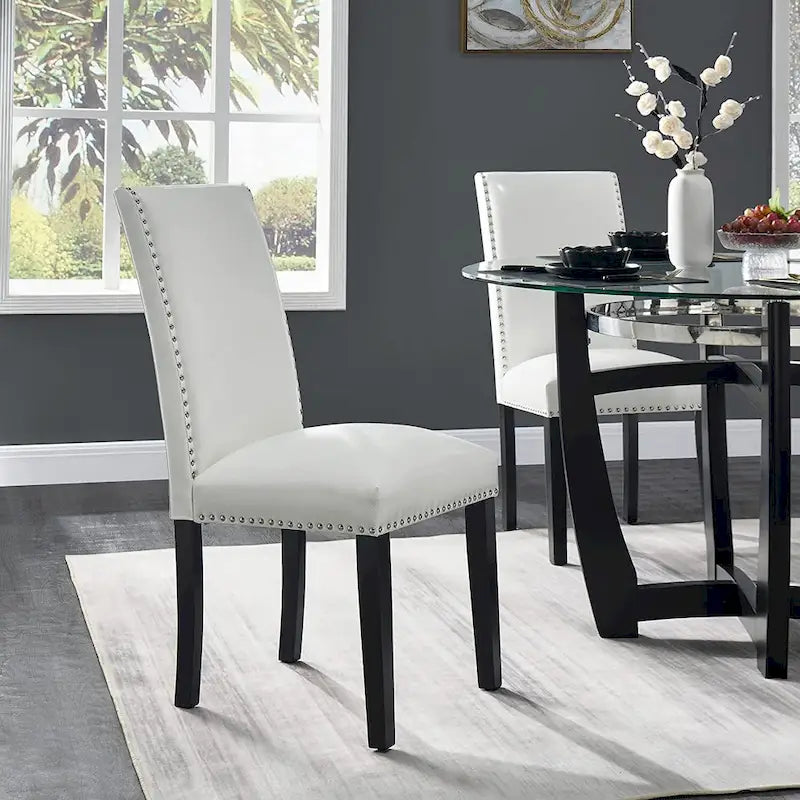 Chaise de salle à manger Parsons en similicuir PU, clous décoratifs, dossier haut, pieds en bois noir