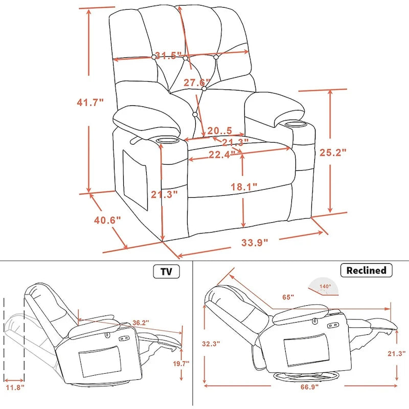 Fauteuil inclinable électrique pivotant et coulissant avec ports USB et porte-gobelets