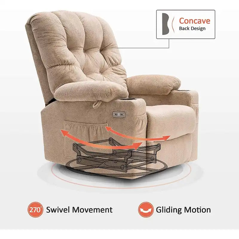 Fauteuil inclinable électrique pivotant et coulissant avec ports USB et porte-gobelets