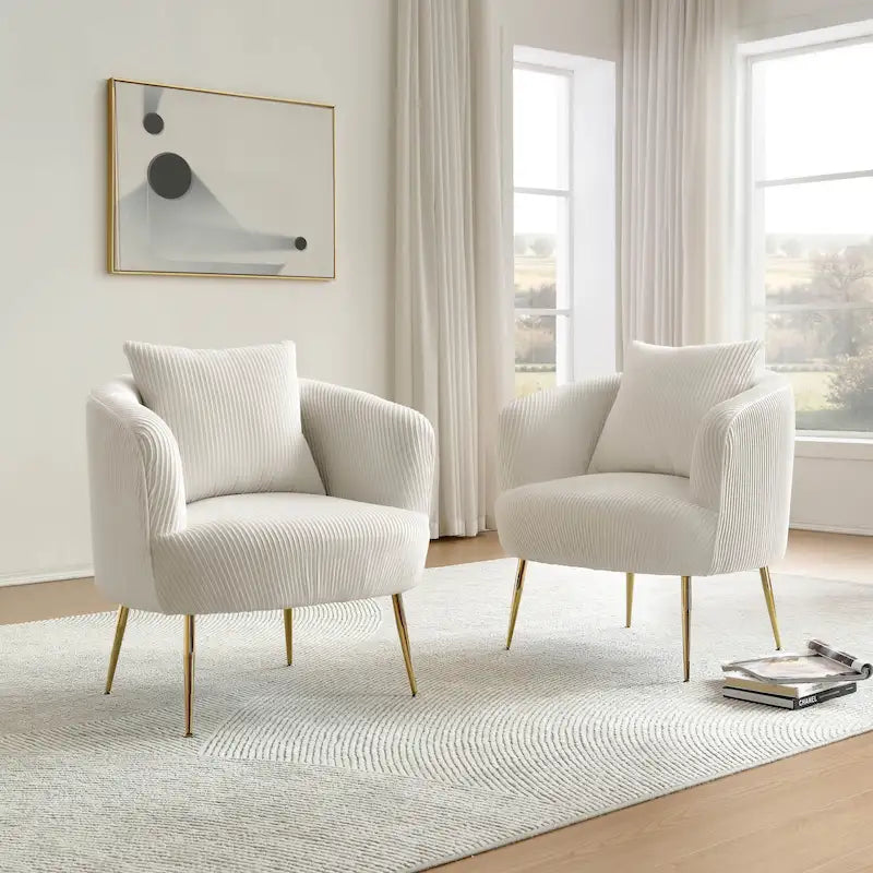 Fauteuil contemporain à dossier incurvé en velours côtelé, coussin amovible, pieds en métal doré