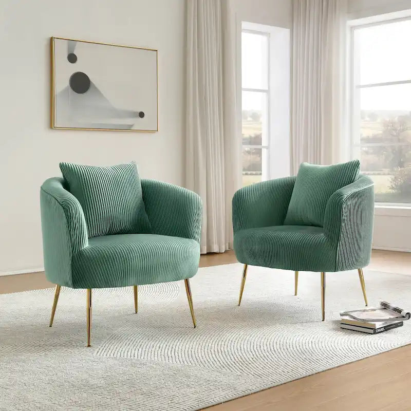 Fauteuil contemporain à dossier incurvé en velours côtelé, coussin amovible, pieds en métal doré