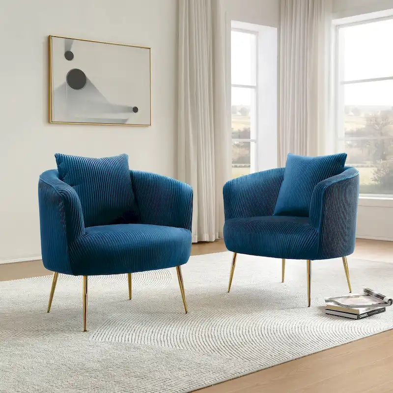Fauteuil contemporain à dossier incurvé en velours côtelé, coussin amovible, pieds en métal doré