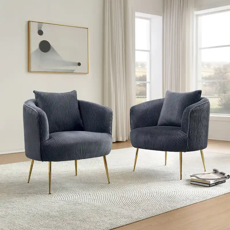 Fauteuil contemporain à dossier incurvé en velours côtelé, coussin amovible, pieds en métal doré