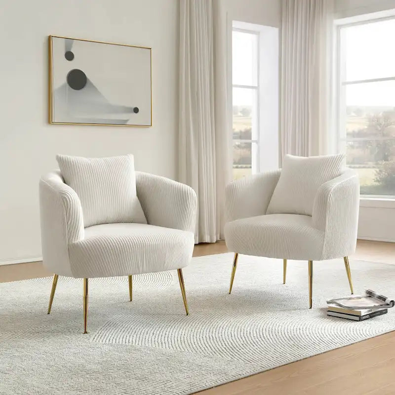 Fauteuil contemporain à dossier incurvé en velours côtelé, coussin amovible, pieds en métal doré