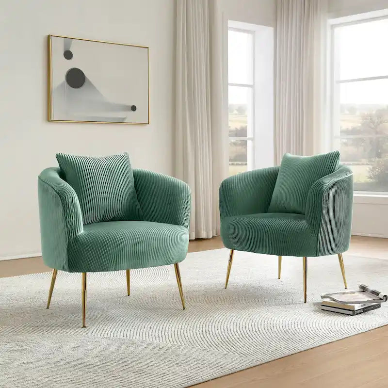 Fauteuil contemporain à dossier incurvé en velours côtelé, coussin amovible, pieds en métal doré