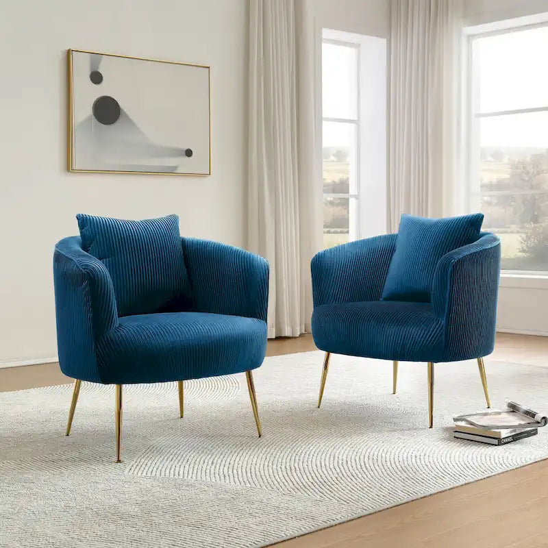 Fauteuil contemporain à dossier incurvé en velours côtelé, coussin amovible, pieds en métal doré