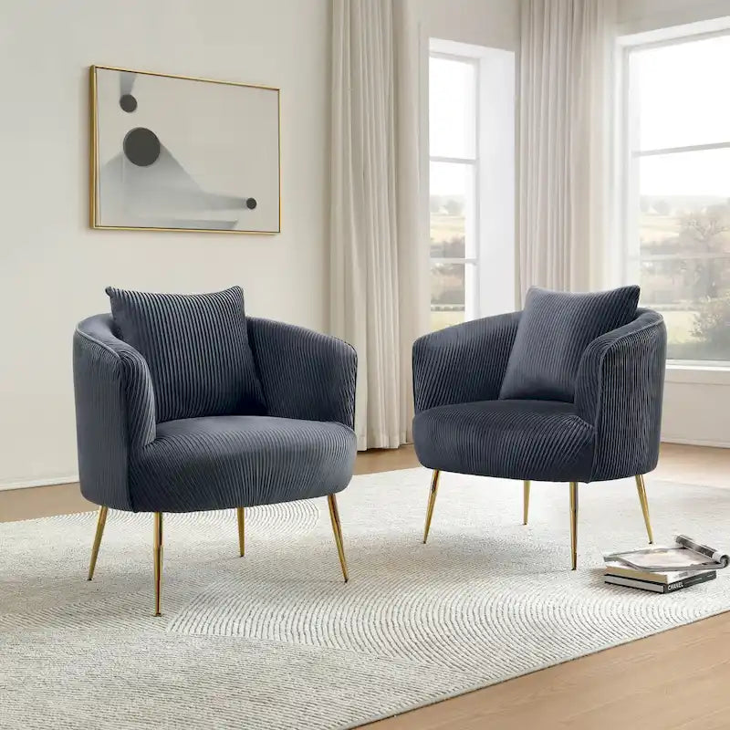 Fauteuil contemporain à dossier incurvé en velours côtelé, coussin amovible, pieds en métal doré