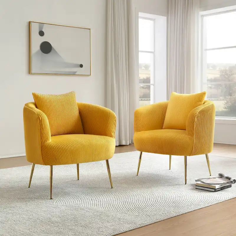 Fauteuil contemporain à dossier incurvé en velours côtelé, coussin amovible, pieds en métal doré