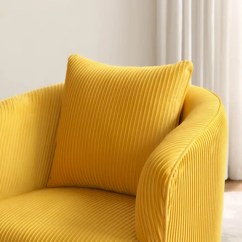 Fauteuil contemporain à dossier incurvé en velours côtelé, coussin amovible, pieds en métal doré