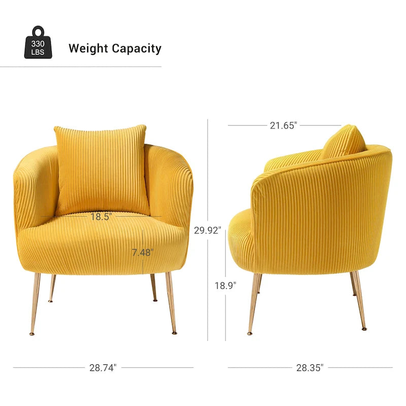 Fauteuil contemporain à dossier incurvé en velours côtelé, coussin amovible, pieds en métal doré