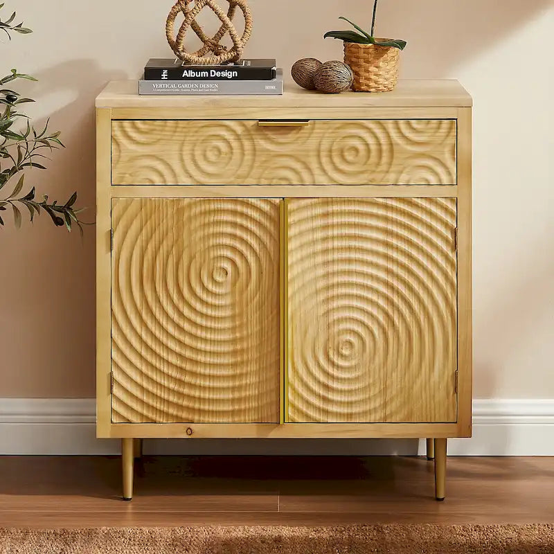 Enfilade Mid-Century Deux Portes Motif Onde Concentrique Façonnée à la Main Pieds Dorés