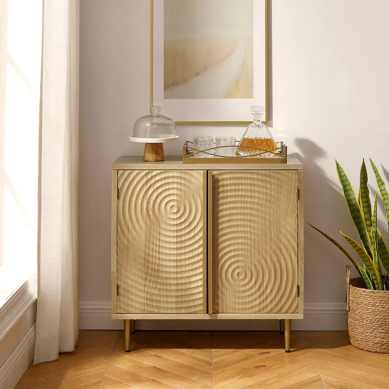 Enfilade Mid-Century Deux Portes Motif Onde Concentrique Façonnée à la Main Pieds Dorés