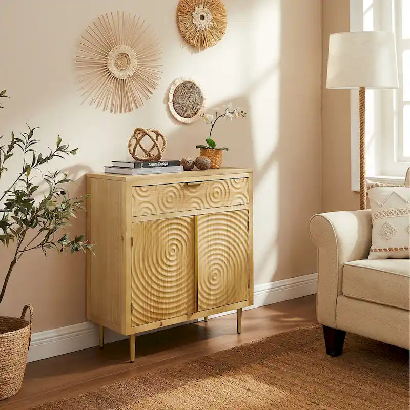 Enfilade Mid-Century Deux Portes Motif Onde Concentrique Façonnée à la Main Pieds Dorés