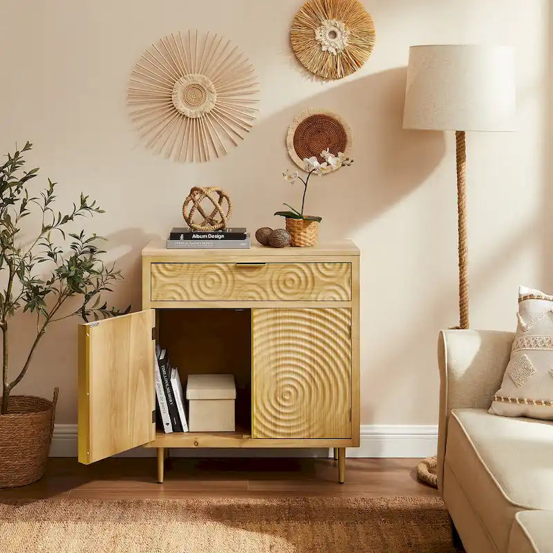 Enfilade Mid-Century Deux Portes Motif Onde Concentrique Façonnée à la Main Pieds Dorés
