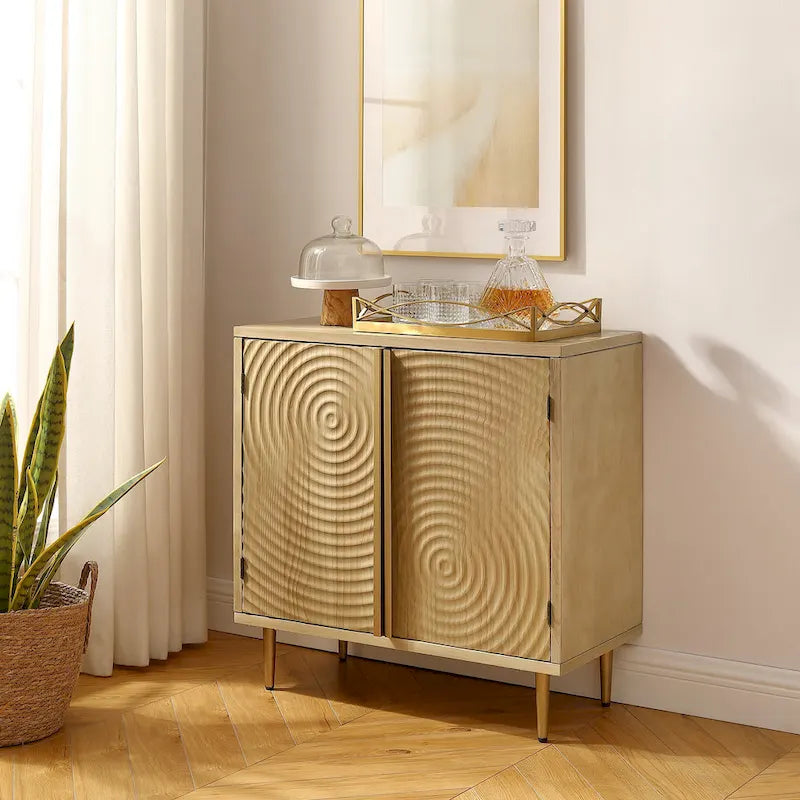 Enfilade Mid-Century Deux Portes Motif Onde Concentrique Façonnée à la Main Pieds Dorés