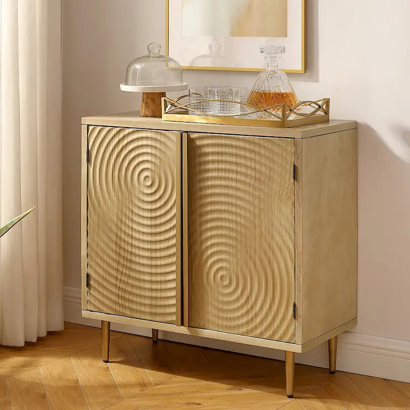 Enfilade Mid-Century Deux Portes Motif Onde Concentrique Façonnée à la Main Pieds Dorés