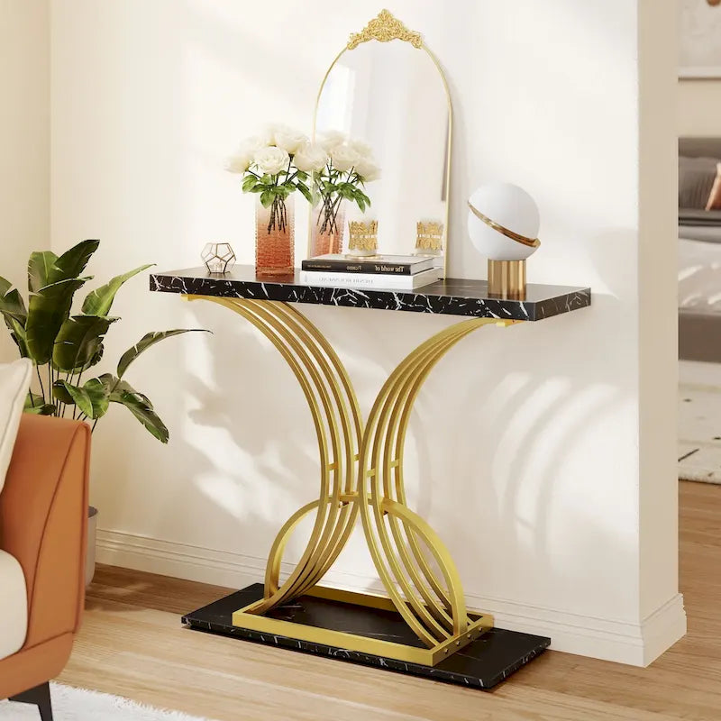 Console à plateau imitation marbre avec base géométrique en métal doré
