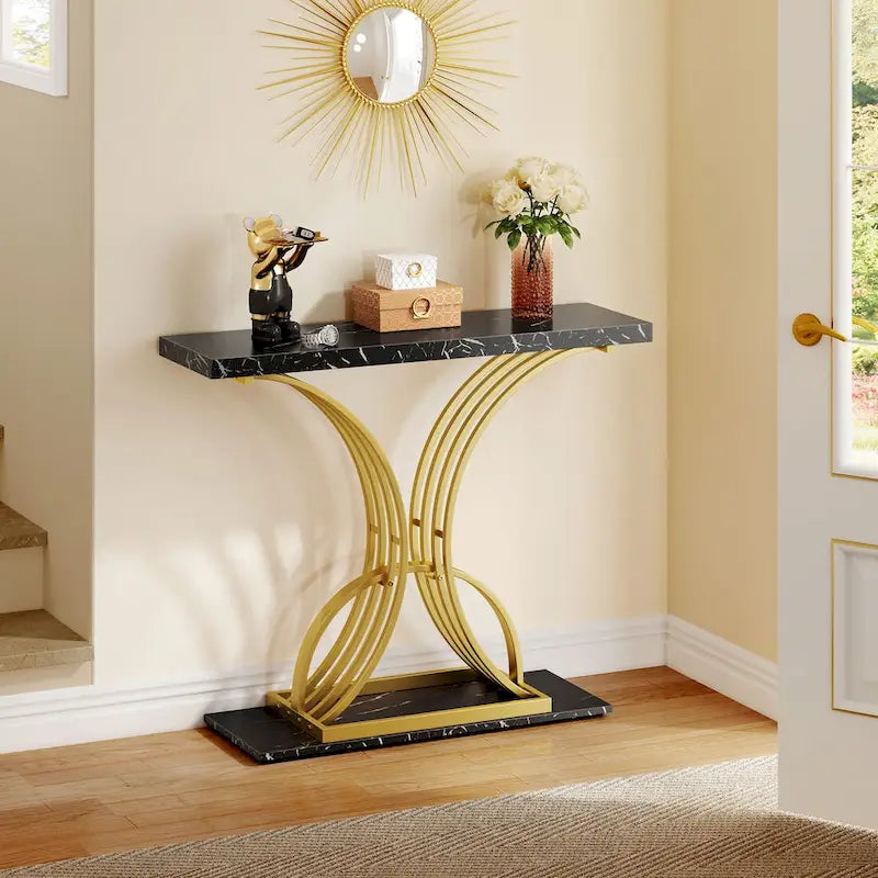 Console à plateau imitation marbre avec base géométrique en métal doré