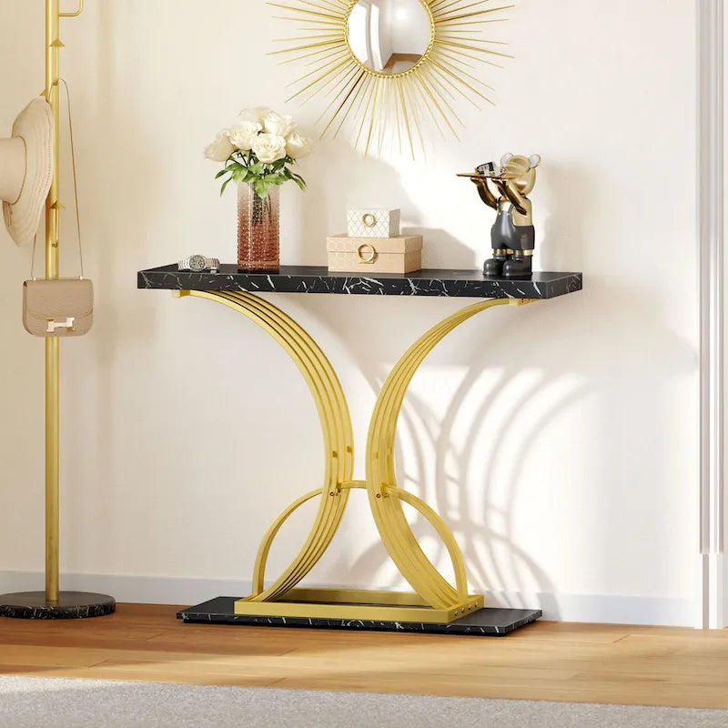 Console à plateau imitation marbre avec base géométrique en métal doré
