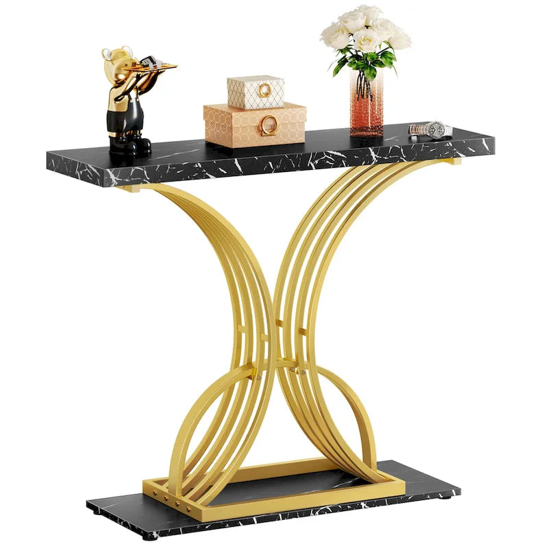 Console à plateau imitation marbre avec base géométrique en métal doré