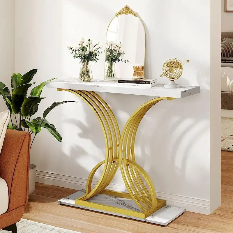 Console à plateau imitation marbre avec base géométrique en métal doré