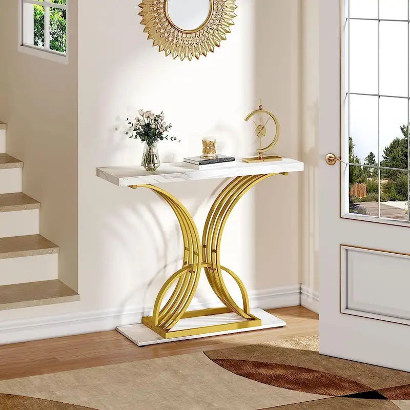 Console à plateau imitation marbre avec base géométrique en métal doré