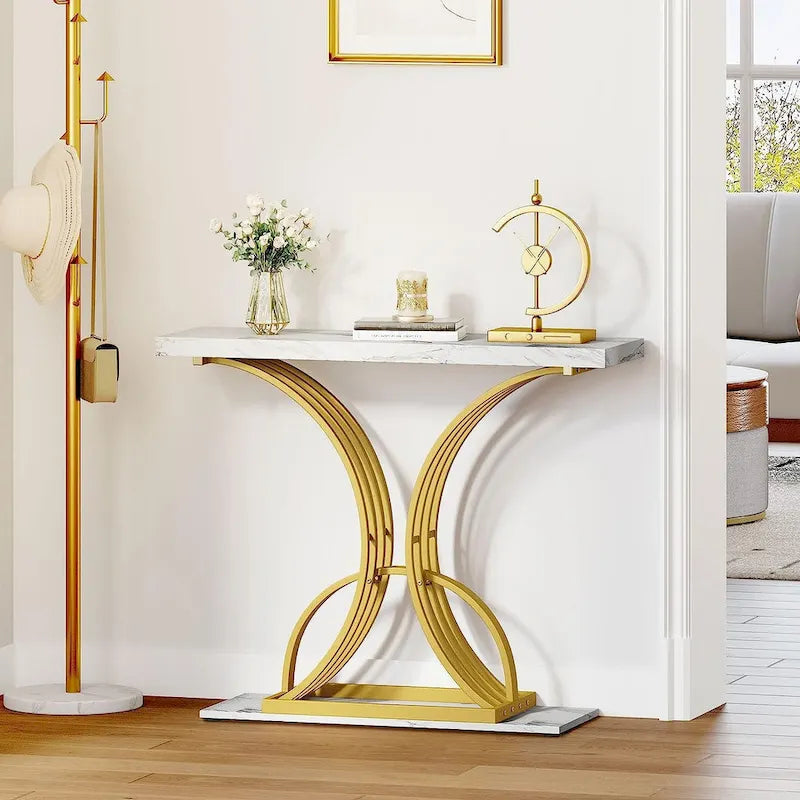 Console à plateau imitation marbre avec base géométrique en métal doré