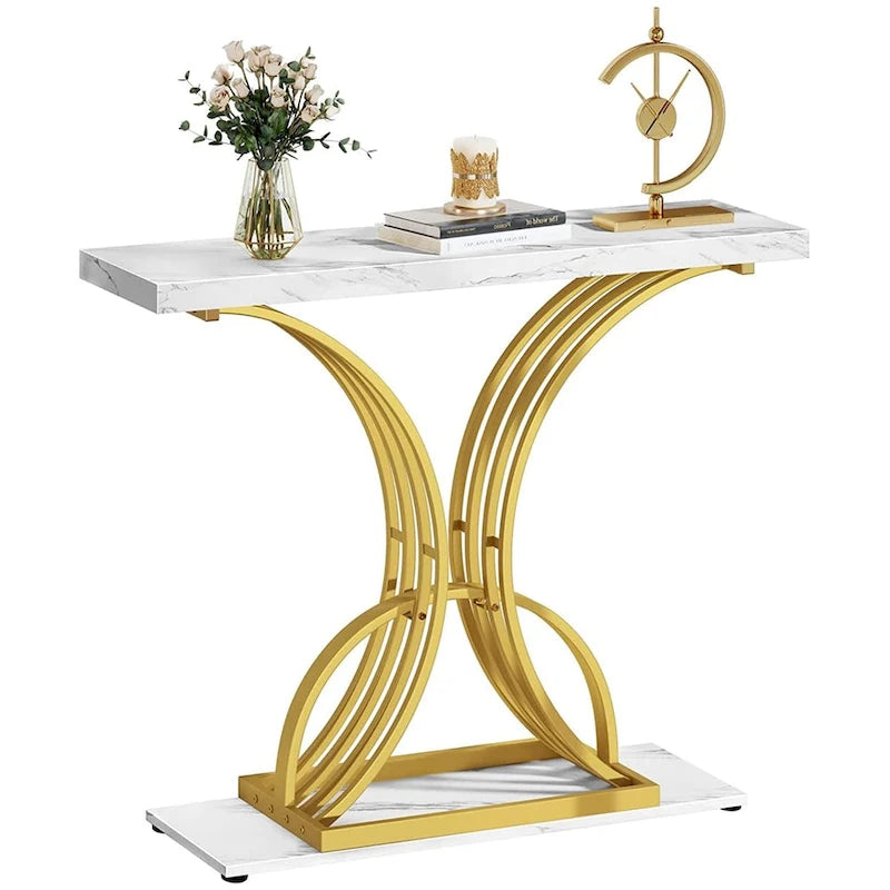 Console à plateau imitation marbre avec base géométrique en métal doré